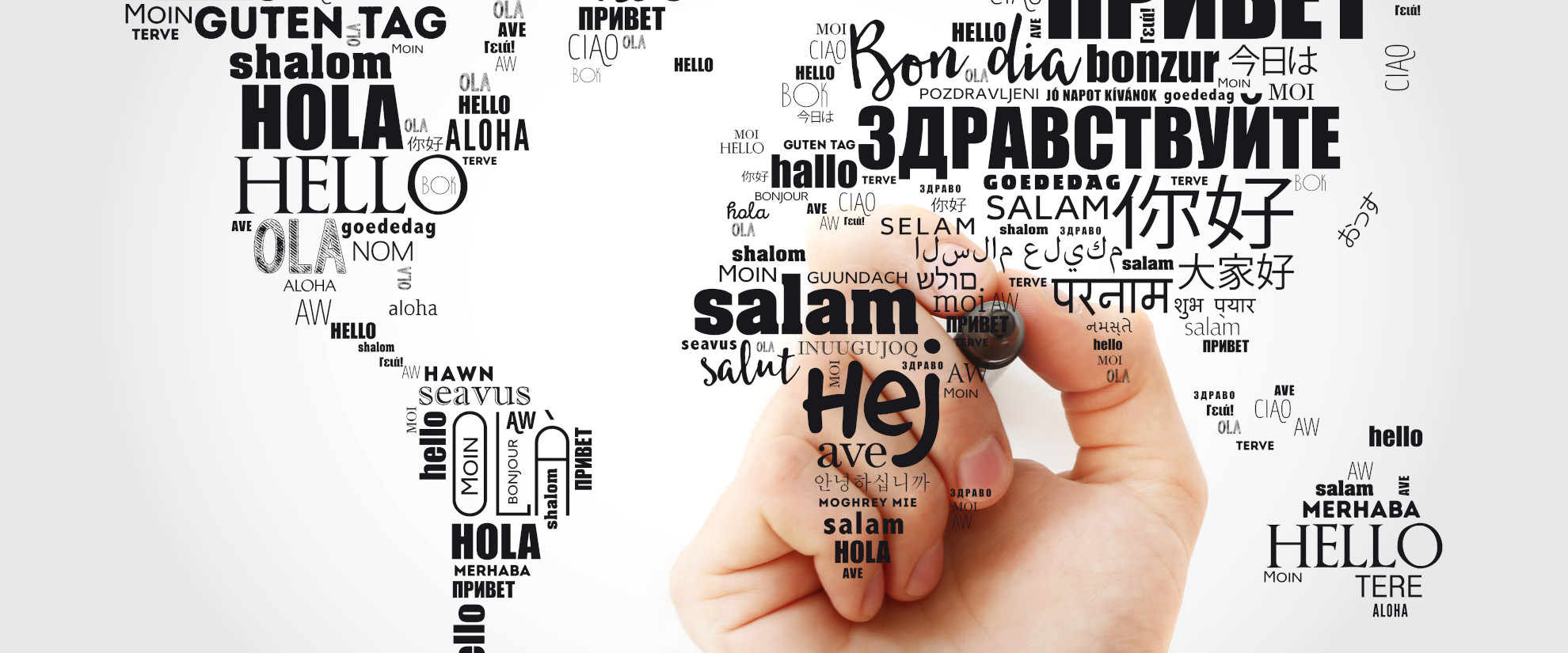Weltkarte mit dem Wort Guten Tag in verschiedenen Sprachen auf grauem Hintergrund.